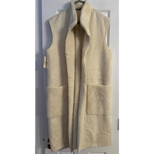 NWT Made in France Women's Faux Fur Long Vest Open Front Split Side Lark Ecru L